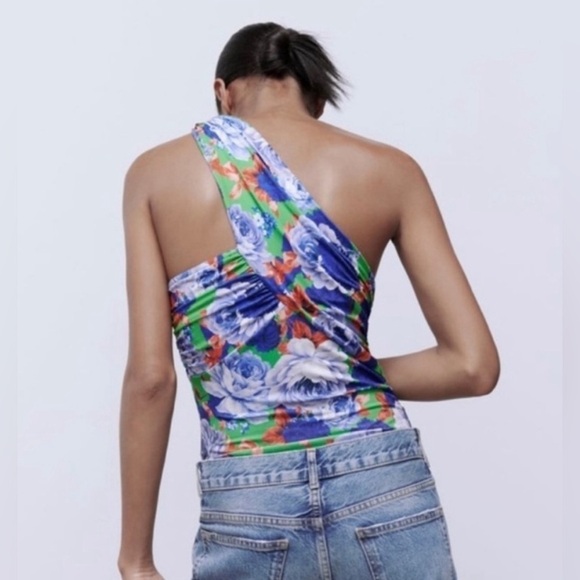 NWT Zara Floral Print One Shoulder Asymmetric Ruched Bodysuit Size M - Picture 3 of 8
